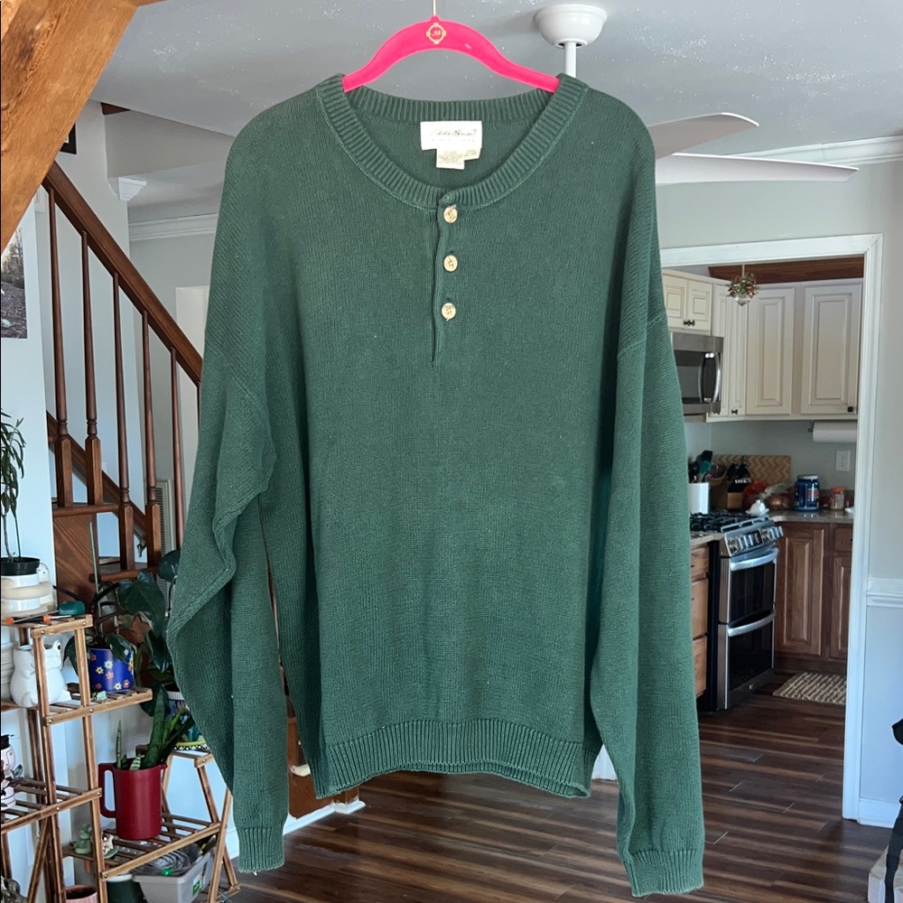 Eddie Bauer Classic Forest Green Crewneck Henley Sweater XL